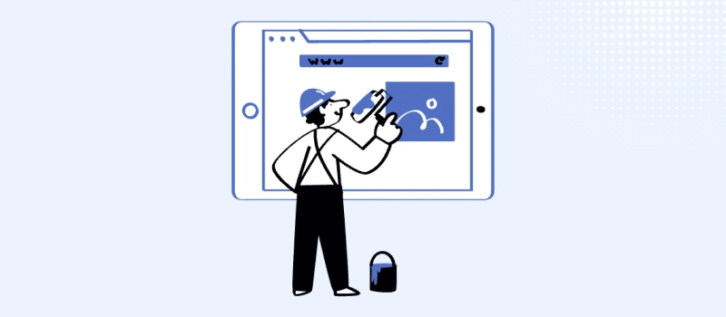 A stylized illustration of a designer painting interface elements on a large digital tablet, representing how AI logo-name generators help users customize and refine their brand visuals.