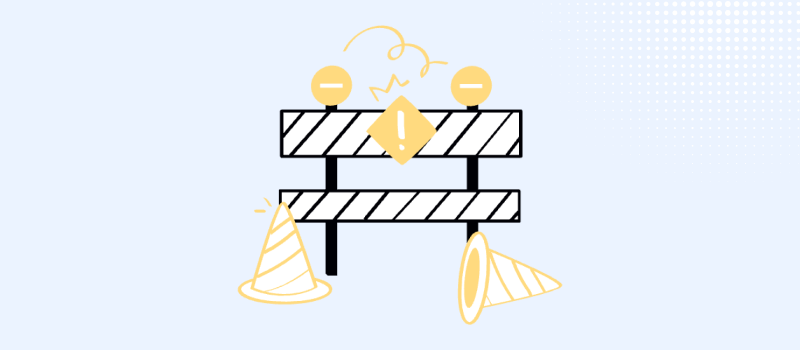 Construction Company Name Ideas illustration of a road barricade with a warning sign and traffic cones, representing naming red flags and legal &ldquo;red tape&rdquo; to avoid.