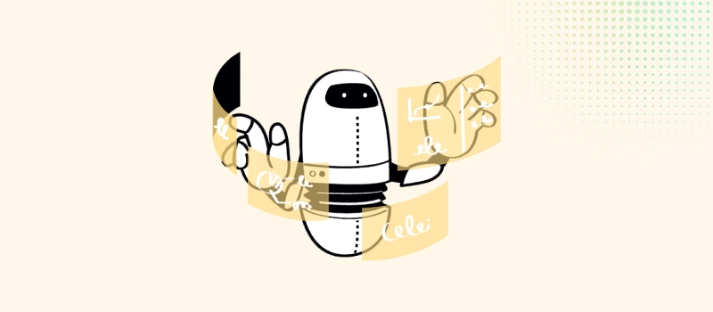 Illustration of an AI robot analyzing scrolling data, symbolizing how Domain Portfolio Strategies use automation to evaluate and manage domain assets.
