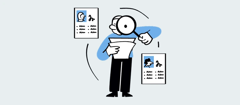 Domain Appraisal Guide illustration of a person using a magnifying glass to review records, representing manual domain valuation research.