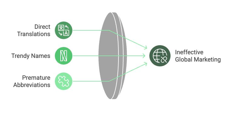 A flowchart showing three causes leading to ineffective global marketing. The causes listed on the left are: “Direct Translations,” “Trendy Names,” and “Premature Abbreviations,” each with an accompanying icon. Arrows connect these causes through a central filter-like shape toward “Ineffective Global Marketing” on the right.