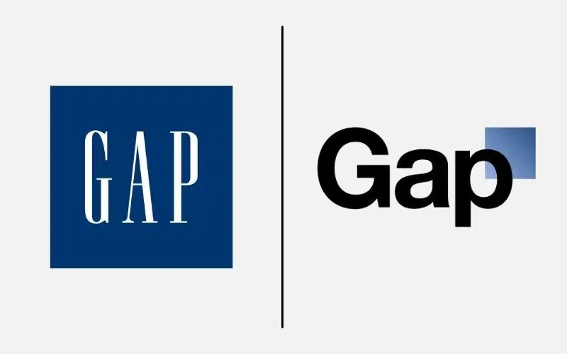 Unsuccessful rebranding example of Gap&rsquo;s logo redesign. The original classic navy blue square with tall white letters was replaced with a modern black font and small blue gradient box, which faced major customer backlash and was quickly reverted.