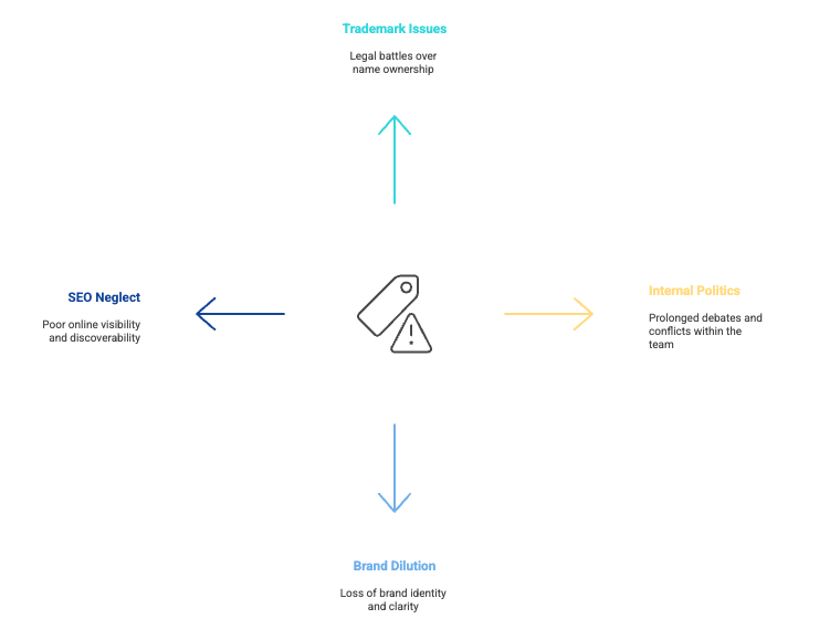 Risk framework for product line naming systems highlighting four challenges: trademark issues with legal battles, SEO neglect reducing visibility, internal politics causing conflicts, and brand dilution weakening identity.