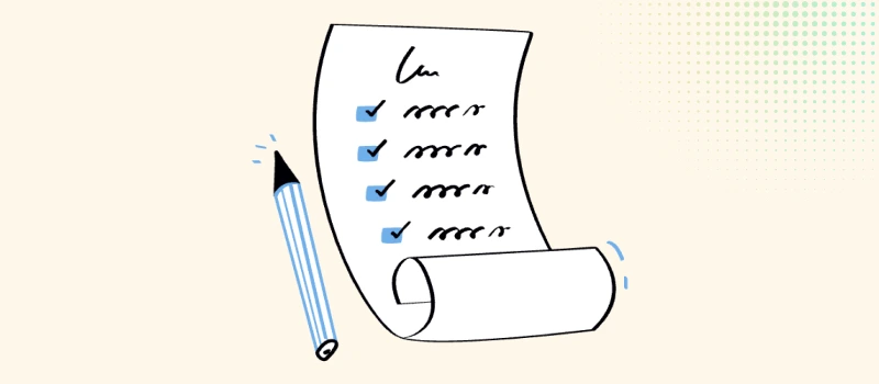 Brand audit checklist illustration with a pen and a scroll-style list of checked items.