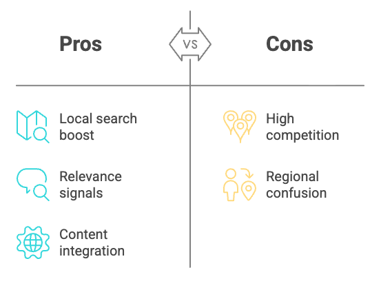 The image is a comparison chart labeled Pros vs Cons. On the left, under Pros, three benefits are listed: local search boost with a map icon, relevance signals with a speech bubble icon, and content integration with a gear icon. On the right, under Cons, two drawbacks are listed: high competition with a location pin cluster icon, and regional confusion with a person and location pin icon.