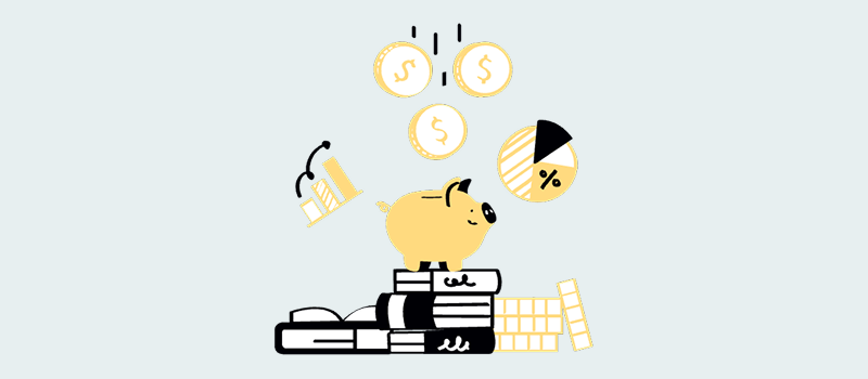 Illustration of domain brokerage fundamentals&mdash;piggy bank on books with falling coins&mdash;symbolizing budgeting and asset value in domain deals.