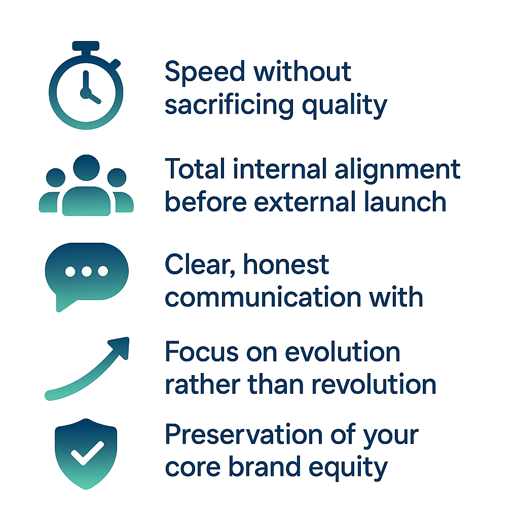 Infographic with five icons and text showing brand strategy principles: a stopwatch icon for speed without sacrificing quality, a group of people for total internal alignment before external launch, a chat bubble for clear and honest communication, an upward arrow for focusing on evolution rather than revolution, and a shield for preservation of core brand equity.