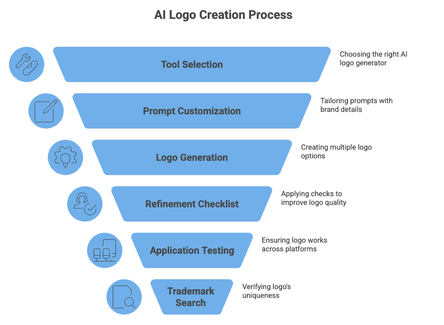 A step-by-step funnel diagram illustrating the AI logo creation process used by AI logo-name generators, including tool selection, prompt customization, logo generation, refinement, testing, and trademark search.