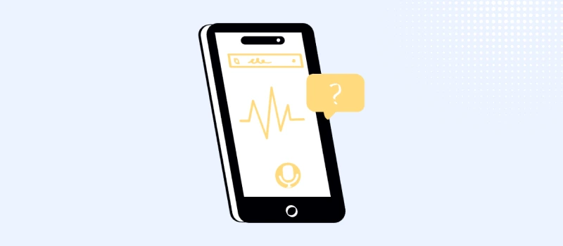 Smartphone displaying a voice waveform and question bubble, highlighting Domain Portfolio Strategies that prepare brands for voice search and conversational queries.