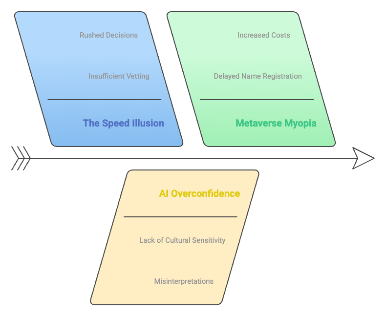 This image shows a timeline-style diagram with three parallelogram shapes arranged along an arrow. The shapes highlight different challenges: an orange parallelogram labeled "The Speed Illusion" (with issues like rushed decisions), a blue one titled "Metaverse Myopia" (noting increased costs and delayed registration), and a yellow one labeled "AI Overconfidence" (listing issues like lack of cultural sensitivity and misinterpretations).