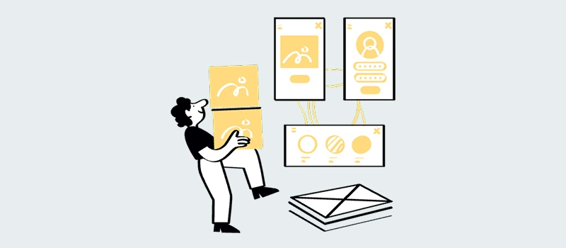 Person assembling yellow interface blocks and screens, illustrating hands-on design and testing of Domain Portfolio Strategies with user-friendly dashboards.