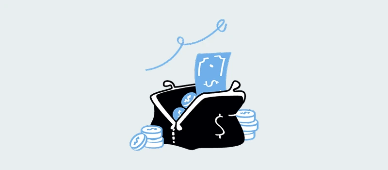 Brand audit cost illustration showing a money pouch with cash and coins spilling out.