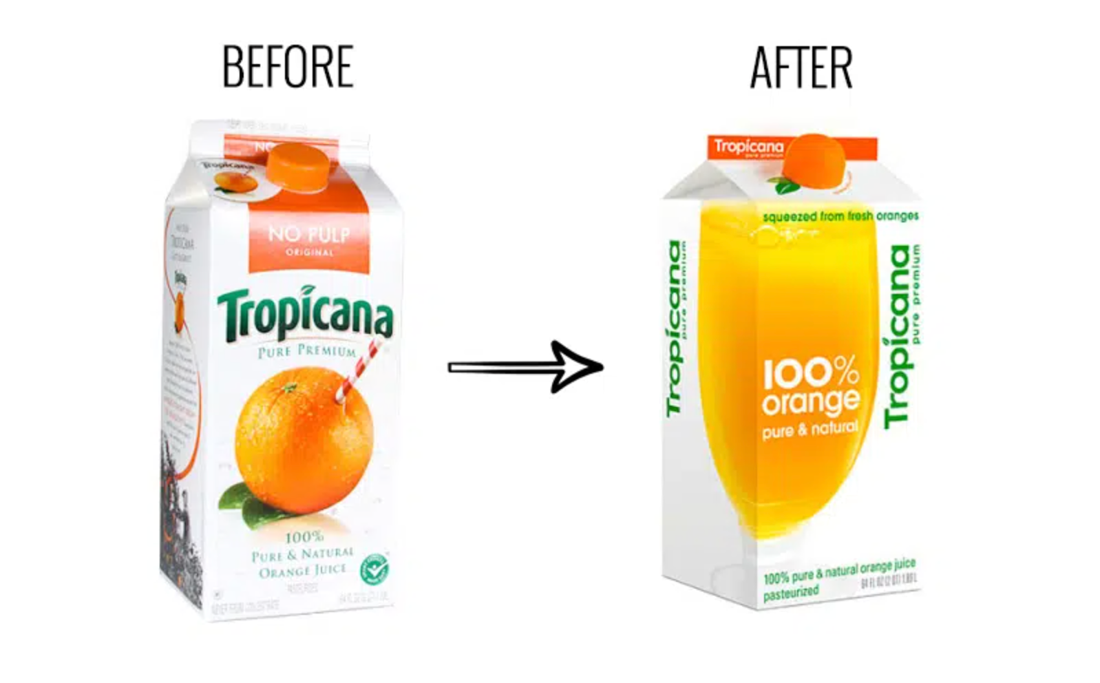 Unsuccessful rebranding example of Tropicana packaging redesign. The old carton showed a fresh orange with a straw, while the new minimalist version featured a plain glass of juice, which confused shoppers and hurt sales.