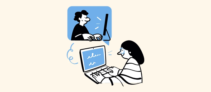 How to Negotiate a Domain Purchase graphic showing a buyer on a laptop contacting a domain owner at a desktop computer (initial outreach/video call).