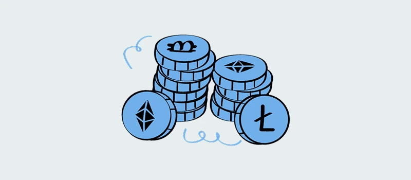 Domain Appraisal Guide illustration of cryptocurrency coins stacked together, symbolizing blockchain-based pricing and digital assets.
